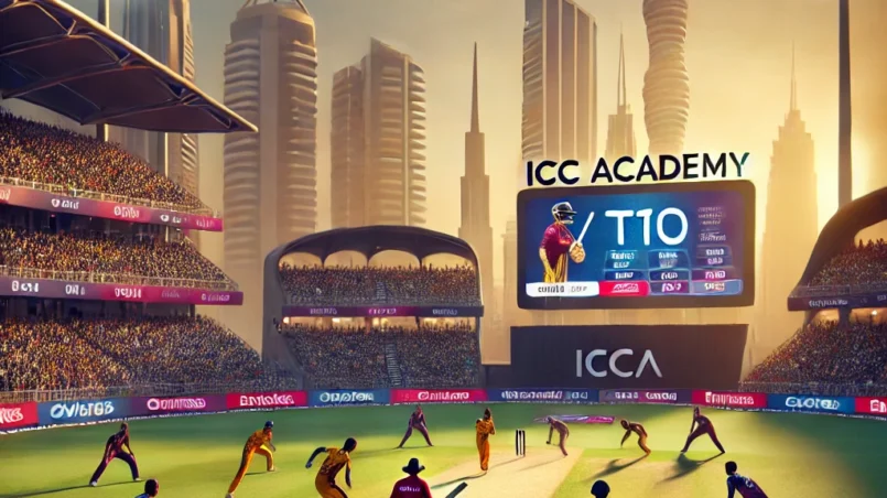 Cricket match scene at ICC Academy Dubai during ICCA T10 tournament with SVDJ and ARC teams in action, vibrant crowd, clear sky, high temperatures, and balanced pitch favoring pacers.