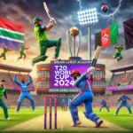 SA vs AFG T20 World Cup 2024 match scene at Brian Lara Cricket Academy featuring key players in action with packed stadium and vibrant atmosphere.