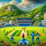 A thrilling CRD vs TVH Dream11 prediction cricket match at Windsor Park, Roseau, Dominica between Champagne Reef Divers (CRD) and The Valley Hikers (TVH) in the T10 Nature Isle tournament. The image shows players in action with fans cheering in the stands. CRD players are in blue and white, while TVH players are in green and yellow uniforms."