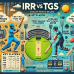 IRR vs TGS Dream11 prediction infographic: key players, expected points, venue details, pitch type, average first innings score, weather, and head-to-head records.