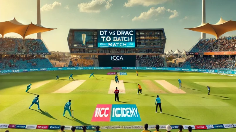 DT vs DRAC T10 ICCA match at ICC Academy, Dubai with players on the field and a cheering crowd.