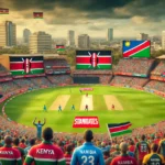 KEN vs NAM Dream11 match prediction - Packed stadium with Kenya and Namibia players in action under overcast skies.