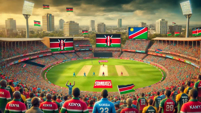 KEN vs NAM Dream11 match prediction - Packed stadium with Kenya and Namibia players in action under overcast skies.