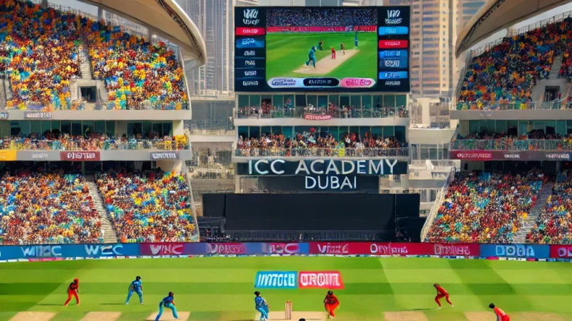 Vibrant T10 cricket match between WTCC and DDD at ICC Academy, Dubai, with sunny weather, lively crowd, and players actively engaged in the game.