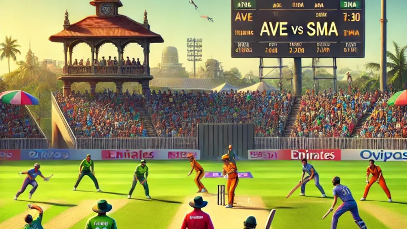 AVE vs SMA Dream11 prediction cricket match at Cricket Association Puducherry Ground 4, players in action, pitch view, and spectators cheering.