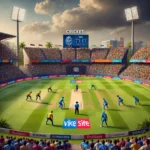 RYLS vs CSR Dream11 prediction: Cricket stadium during a Rayalaseema Kings vs Coastal Riders match, featuring players in action, vibrant crowd, and a batting-friendly pitch under a cloudy sky.