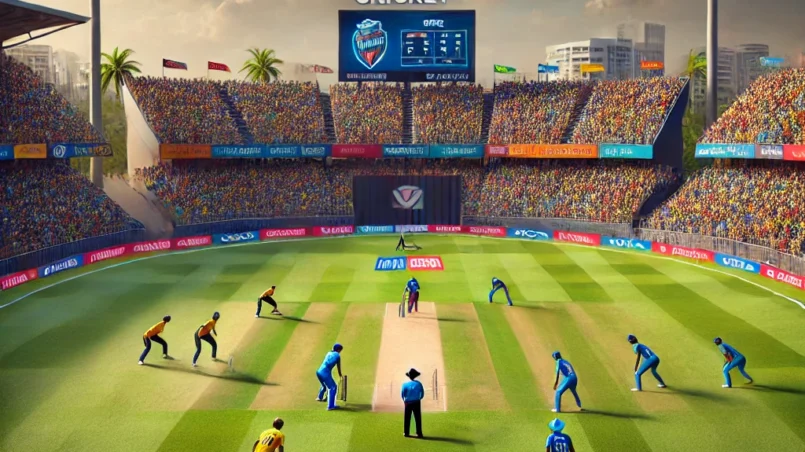 RYLS vs CSR Dream11 prediction: Cricket stadium during a Rayalaseema Kings vs Coastal Riders match, featuring players in action, vibrant crowd, and a batting-friendly pitch under a cloudy sky.