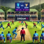 TGS vs BAW Dream11 prediction match at Windsor Park, Roseau, Dominica on July 30, 2024. Featuring key players like Sadrack Descartes, Dillon Douglas, Jervin Gian Benjamin, and Joel Durand, with a rainy weather backdrop and balanced pitch conditions