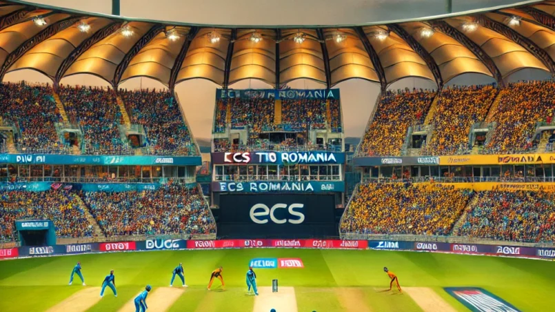 BUG vs ZIN Dream11 prediction - ECS T10 Romania cricket match at Moara Vlasiei Cricket Ground with players in action and enthusiastic fans