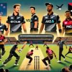 Illustration of a T20 cricket match for NZ vs PNG Dream11 prediction featuring key players like Tim Southee, Trent Boult, R Ravindra, M Santner from New Zealand, and A Vala and A Nao from Papua New Guinea in action poses