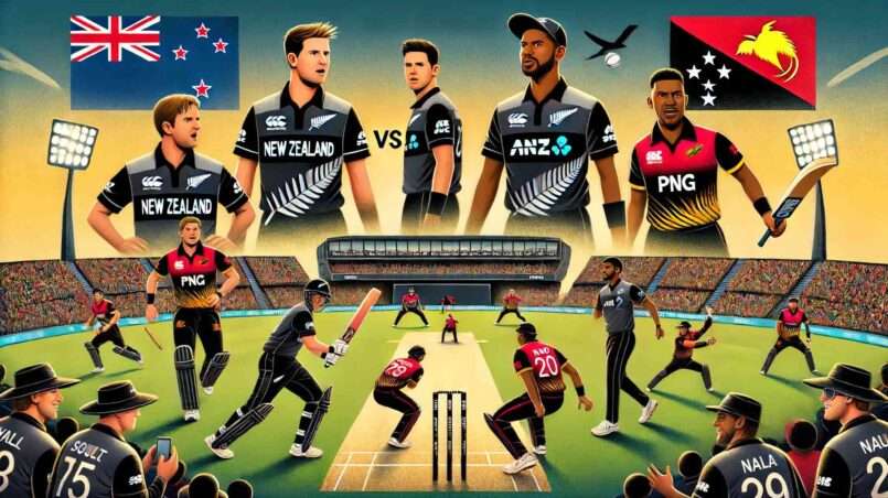 Illustration of a T20 cricket match for NZ vs PNG Dream11 prediction featuring key players like Tim Southee, Trent Boult, R Ravindra, M Santner from New Zealand, and A Vala and A Nao from Papua New Guinea in action poses