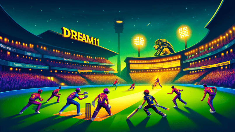 Key players from BLV Blasters (BLT) and Trident Stallions (TDS) in action during a cricket match at a vibrant stadium with enthusiastic fans and bright floodlights