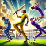 DS vs CS Dream11 Prediction: Promising young cricket talents in action at a vibrant stadium, featuring a batsman in yellow executing a powerful shot, an all-rounder in blue celebrating a wicket with a fist pump, and a bowler in purple mid-action delivering a ball, with an enthusiastic crowd cheering in the background.