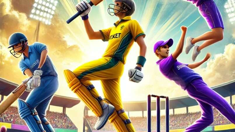 DS vs CS Dream11 Prediction: Promising young cricket talents in action at a vibrant stadium, featuring a batsman in yellow executing a powerful shot, an all-rounder in blue celebrating a wicket with a fist pump, and a bowler in purple mid-action delivering a ball, with an enthusiastic crowd cheering in the background.