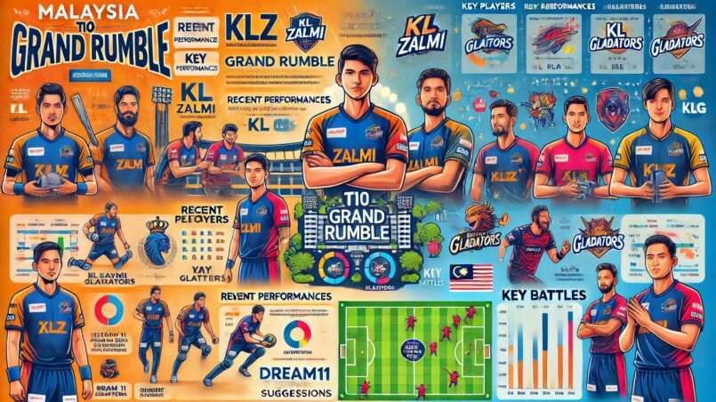 detailed sports analysis infographic for the Malaysia T10 Grand Rumble Championship match between KL Zalmi (KLZ) and KL Gladiators (KLG). The infographic includes sections for recent performances, key players, strategic insights, and Dream11 team suggestions.