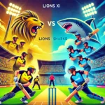 Cartoon-style image of Lio vs Sha Dream11 Prediction match, featuring key players in action at a vibrant cricket stadium with enthusiastic fans.