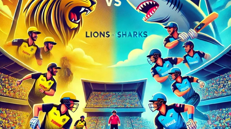 Cartoon-style image of Lio vs Sha Dream11 Prediction match, featuring key players in action at a vibrant cricket stadium with enthusiastic fans.