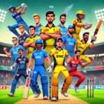 Dream11 fantasy cricket team selection for IAC vs PNC Dream11 prediction match, featuring animated players in action poses with team jerseys, set in a vibrant cricket stadium with cheering fans.