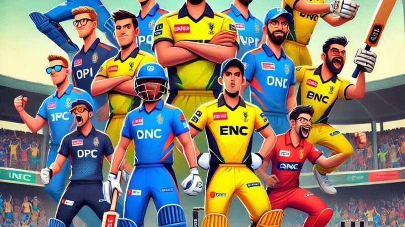 Dream11 fantasy cricket team selection for IAC vs PNC Dream11 prediction match, featuring animated players in action poses with team jerseys, set in a vibrant cricket stadium with cheering fans.