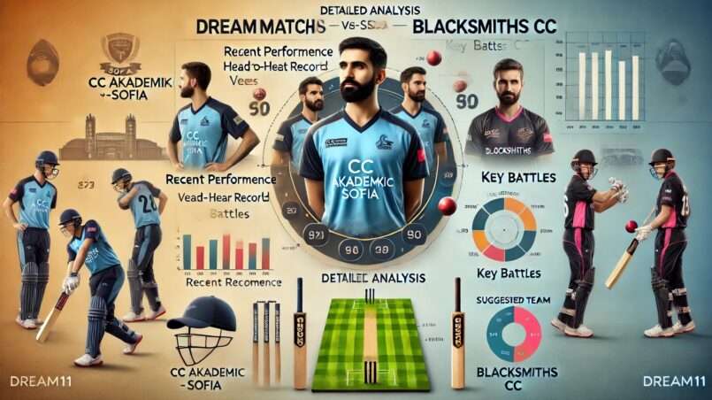 detailed analysis image for the Dream11 match prediction between CC Akademik - Sofia (CCAS) and Blacksmiths CC (BS). The image includes key elements such as recent performance, head-to-head records, venue stats, key battles, and the suggested Dream11 team.