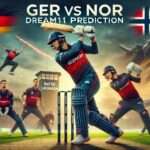 A dynamic cricket match scene at Bayer Uerdingen Cricket Ground, Krefeld, featuring players from Germany and Norway in action. A German batsman is hitting a powerful shot, a Norwegian bowler is delivering a fast ball, and fielders from both teams are in action. The background includes an overcast sky and a vibrant crowd. The image has the text overlay ‘GER vs NOR Dream11 Prediction.