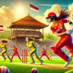 INA-W vs BHU-W Dream11 prediction - T20 Bali Bash match at Udayana Cricket Ground featuring female cricketers in action with vibrant crowd and tropical scenery.