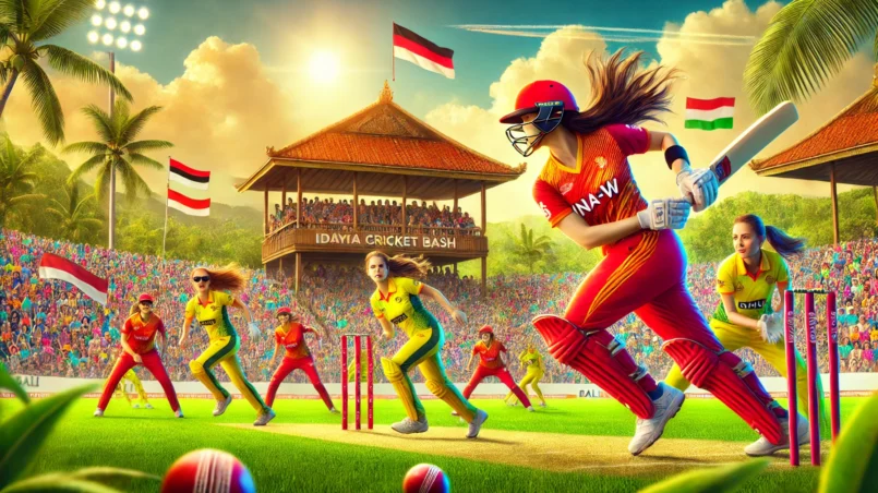 INA-W vs BHU-W Dream11 prediction - T20 Bali Bash match at Udayana Cricket Ground featuring female cricketers in action with vibrant crowd and tropical scenery.