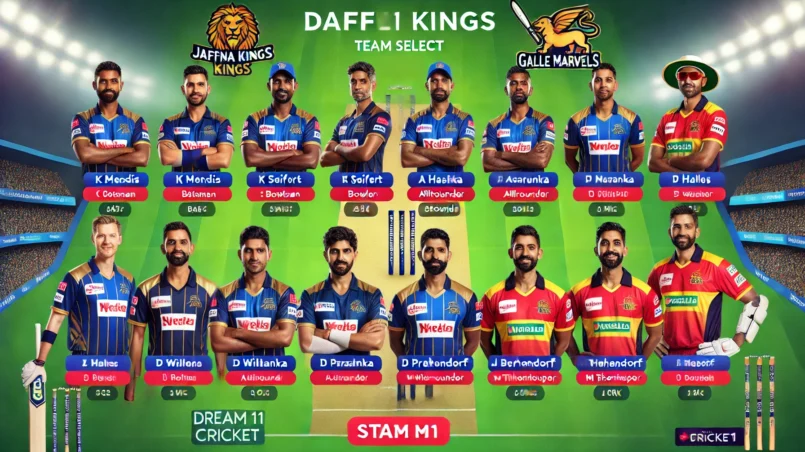 JK vs GM Dream11 prediction team selection screen featuring players K Mendis (Captain), T Seifert, A Hales, C Asalanka, P Nissanka, S Williams (Vice-Captain), D de Silva, D Pretorius, A Omarzai, J Behrendorff, and M Theekshana on a green field background.