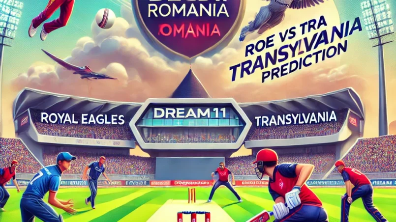 ROE vs TRA Dream11 prediction for ECS T10 ROMANIA match featuring cricket players in action at Moara Vlasiei Cricket Ground, Ilfov County, Bucharest with Dream11 branding and team logos.