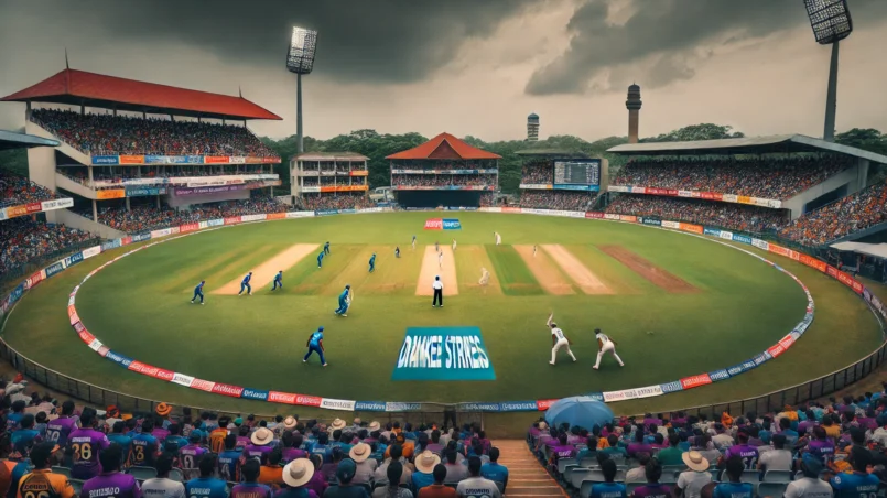 CS vs KFL Dream11 prediction: A dynamic cricket match scene between Colombo Strikers and Kandy Falcons at Pallekele International Cricket Stadium. The stadium is packed with enthusiastic fans under overcast skies, capturing the intensity of the SEI Lankan Premier League T20 match.