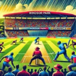 Illustration of a high-energy cricket match between SSS and CRD at Windsor Park, Roseau, Dominica with players in action, rainy weather, and a packed stadium - SSS vs CRD Dream11 prediction