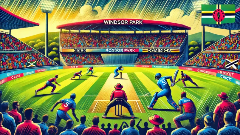 Illustration of a high-energy cricket match between SSS and CRD at Windsor Park, Roseau, Dominica with players in action, rainy weather, and a packed stadium - SSS vs CRD Dream11 prediction