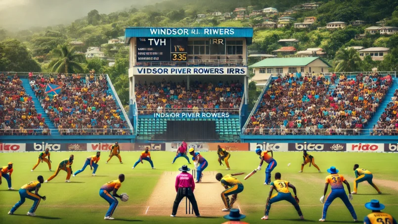 TVH vs IRR Dream11 prediction - Dynamic cricket match at Windsor Park, Roseau, Dominica featuring The Valley Hikers (TVH) and Indian River Rowers (IRR) with key players Ryshon Williams and Darron Nedd in action. Balanced pitch and overcast weather conditions with enthusiastic spectators.