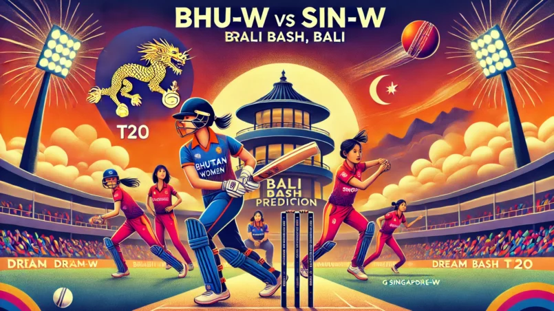 Detailed BHU-W vs SIN-W Dream11 prediction with key players A Gurung and G Diviya in action at Udayana Cricket Ground for Bali Bash T20. Cricket match preview with vibrant stadium background and team logos.