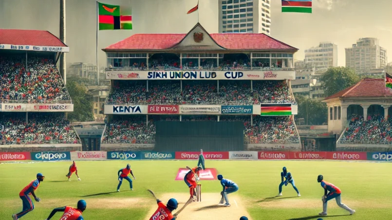 A thrilling cricket match between Zambia (ZAM) and Rwanda (RWA) at the Sikh Union Club Ground, Nairobi, during the Kenya Quadrangular Cup T20. Enthusiastic fans fill the stadium as players from both teams engage in intense action under a cloudy, rainy sky Ffor ZAM vs RWA Dream11 Prediction