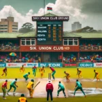 MAW vs KEN Dream11 match at Sikh Union Club Ground in Nairobi with players from Malawi and Kenya in action, showcasing a competitive cricket game with spinners dominating on a cloudy, rainy day and an enthusiastic crowd cheering in the background.