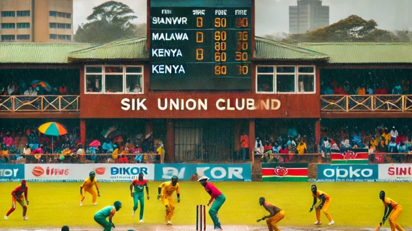 MAW vs KEN Dream11 match at Sikh Union Club Ground in Nairobi with players from Malawi and Kenya in action, showcasing a competitive cricket game with spinners dominating on a cloudy, rainy day and an enthusiastic crowd cheering in the background.