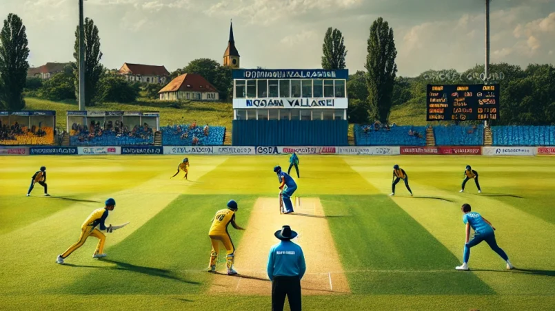 Cricket match between Bucharest Zalmi (BZ) and Transylvania (TRA) at Moara Vlasiei Cricket Ground, Romania, with players in yellow and blue uniforms, lush green field, clear skies, and spectators in the stands for BZ vs TRA Dream11 Prediction