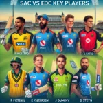 SAC vs EDC Dream11 Prediction featuring P Mustard, K Pietersen, R Bopara, S Patel, J Kallis, J Duminy, D Steyn, and I Tahir in cricket uniforms at a stadium.