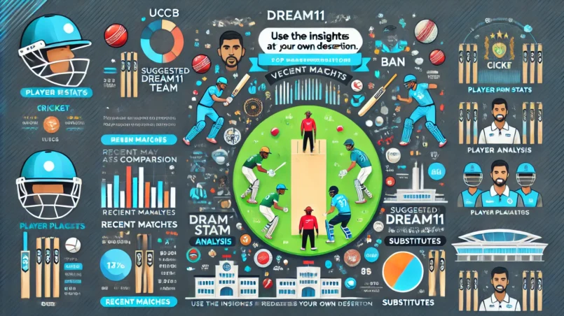 Infographic for UCCB vs BAN Dream11 prediction featuring player performance stats, venue analysis, recent matches comparison, top players, suggested team, and substitutes.