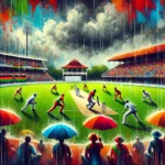 ZAM vs MAW Dream11 Prediction - Artistic depiction of cricket match at Sikh Union Club Ground, Nairobi with players in action under rainy weather