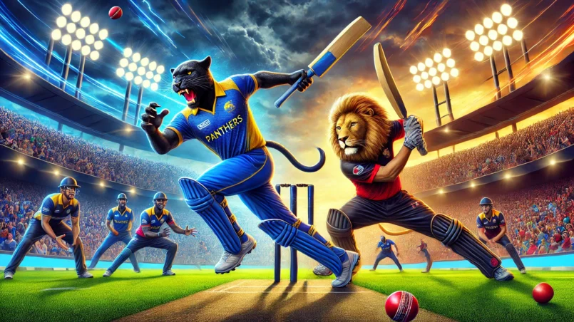 Ferocious cricket match between Panthers and Lions teams in vibrant uniforms on a dynamic cricket field with a roaring crowd and dramatic sky, highlighting intense athleticism and competition - PAN vs LIO Dream11 prediction