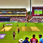 A thrilling NOR vs LAN Dream11 prediction T20 match between Northamptonshire and Lancashire at the County Ground, Northampton, with a cheering crowd and dynamic player action, highlighting the suggested fantasy team.