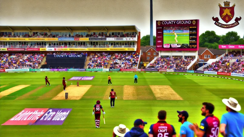 A thrilling NOR vs LAN Dream11 prediction T20 match between Northamptonshire and Lancashire at the County Ground, Northampton, with a cheering crowd and dynamic player action, highlighting the suggested fantasy team.