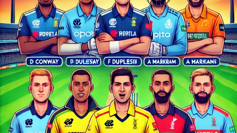 TEX vs LAS Dream11 prediction: Fantasy cricket team lineup featuring key players like D Conway, F du Plessis, J Roy, A Markram, S Al Hasan, S Narine, A Russell, M Stoinis, Ali-Khan, Naveen-ul-Haq, and S Johnson on a green field with a stadium background, highlighting roles and expected points for a detailed match analysis blog post.