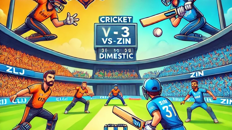 A lively cartoon-style image of a cricket match between CLJ and ZIN in a vibrant stadium, showcasing players in dynamic action with cheering crowds in the background for CLJ vs ZIN Dream11 Prediction