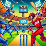 A lively cartoon-style image of a cricket match between CLJ and ZIN in a vibrant stadium, showcasing players in dynamic action with cheering crowds in the background for ZIN vs BUG Dream11 prediction