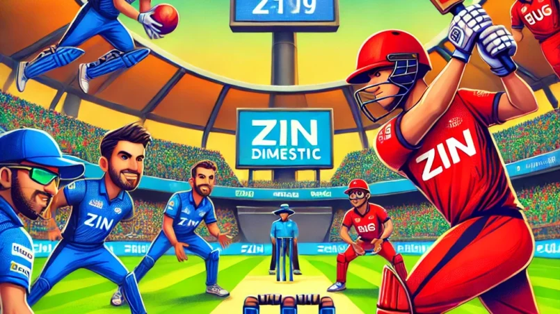 A lively cartoon-style image of a cricket match between CLJ and ZIN in a vibrant stadium, showcasing players in dynamic action with cheering crowds in the background for ZIN vs BUG Dream11 prediction