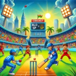 BLD vs SP Dream11 prediction: A cartoon-style cricket match between BLD and SP teams with vibrant colors and cheering fans in the stadium.