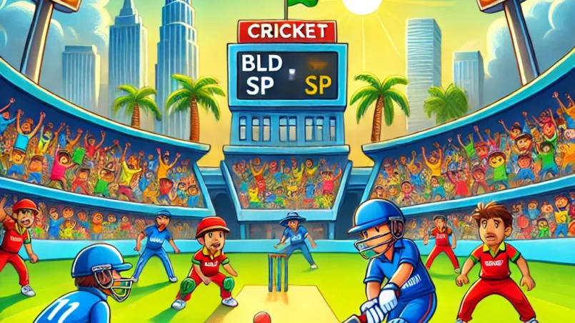 BLD vs SP Dream11 prediction: A cartoon-style cricket match between BLD and SP teams with vibrant colors and cheering fans in the stadium.